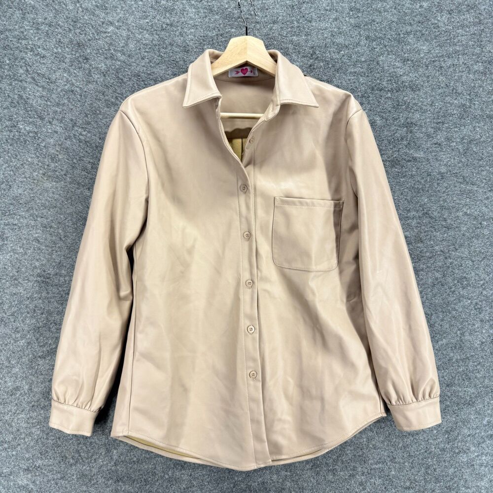 Buddy Love Shirt Women S Small Beige Button Up Leather Collared Long Sleeve